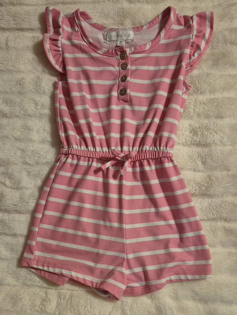 btween Pink & White Striped Girls Romper with Flutter Sleeves